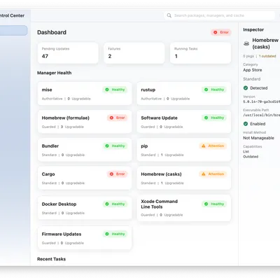 Helm Control Center showing manager and package status.